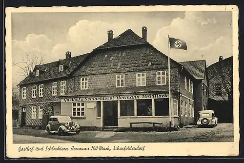 AK Scharfoldendorf, Gasthof und Schlachterei Hermann 100 Mark mit -Flagge