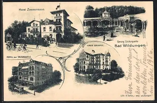 Lithographie Bad Wildungen, Hotel Zimmermann, Hotel zur Victorquelle, Hotel Haus Bristol