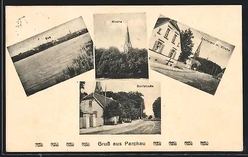 AK Parchau, See, Dorfplatz mit Kirche, Dorfstrasse