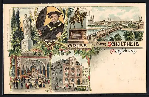 Lithographie Magdeburg, Gasthaus Schultheis, Ortsansicht, Denkmal Kaiser Wilhelm I.