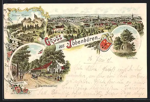Lithographie Ibbenbüren, Gasthaus Amtsgericht J. Werthmöller an der Linden-Allee, Dörenther Klippen, Heidenturm
