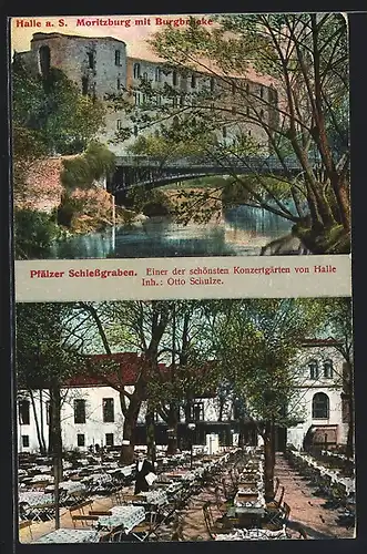 AK Halle an der Saale, Gasthaus Pfälzer Schiessgraben, Moritzburg mit Burgbrücke