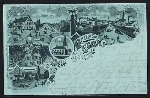Mondschein-Lithographie Egeln, Gasthof zur Stadt Erfurt, Act. Zuckerfabrik Marienstuhl, Brauerei Schrader & Otto