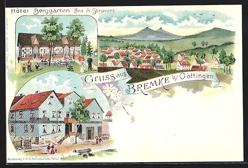Lithographie Bremke b. Göttingen, Hotel Berggarten, Totalansicht