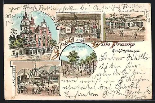 Lithographie Recklinghausen, Hotel Villa Franka mit Saal und Restaurant Gartenlokal