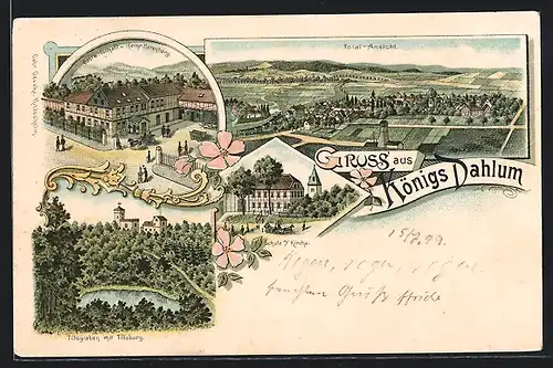 Lithographie Königs Dahlum, Gastwirtschaft v. Heinr. Harenberg, Tillsgraben mit Tillsburg, Schule mit Kirche