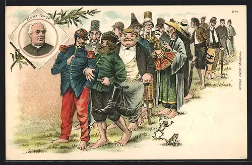 Lithographie Pfarrer Kneipp, Bunte Patientenschar beim Barfusslauf