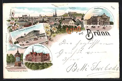 Vorläufer-Lithographie Brünn, 1895, Stadttheater, Deutsches Haus, Nord- und Staatsbahnhof