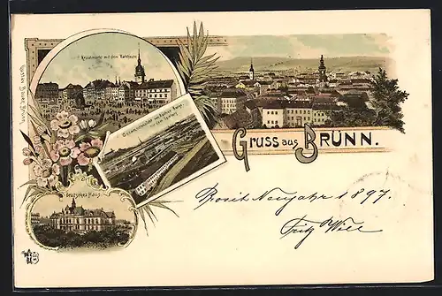 Lithographie Brünn, Gesamtansicht vom Roten Berge mit dem Spielberg, Deutsches Haus, Krautmarkt mit dem Rathaus
