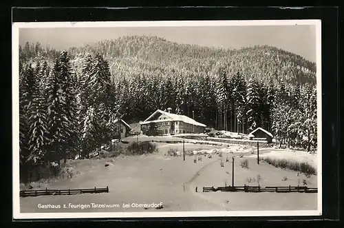 AK Oberaudorf, Gasthaus zum Feurigen Tatzelwurm mit Umgebung im Winter