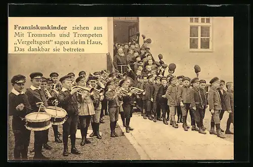 AK Altötting, Franziskuskinder mit Flügelhörnern und Trommeln, Franziskaner-Mönch