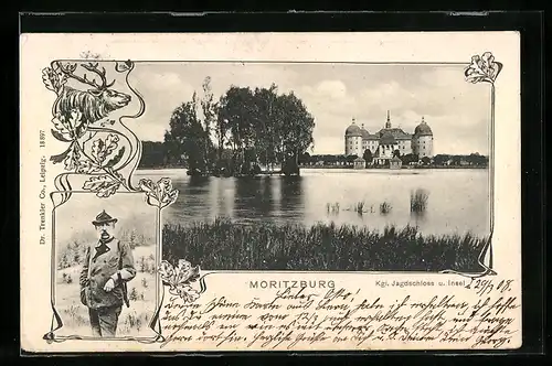 AK Moritzburg / Meissen, Kgl. Jagdschloss und Insel, Jäger