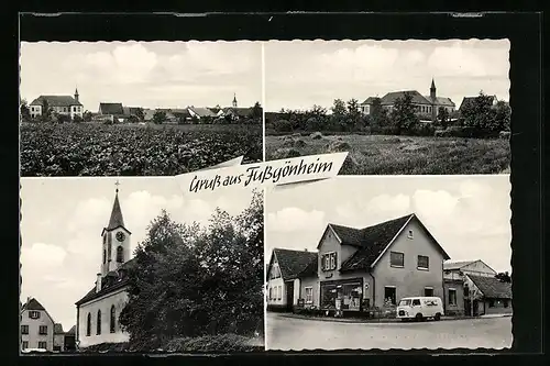 AK Fussgönheim, Panorama, Kirche & Geschäft