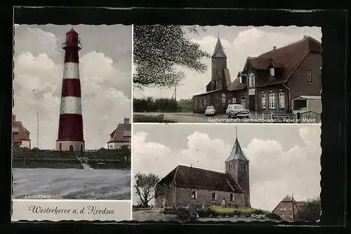 AK Westerhever /Nordsee, Gaststätte Peter M. Mahrt, Kirche, Leuchtturm