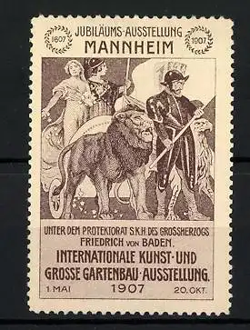 Reklamemarke Mannheim, Intern. Kunst- und Gartenbau-Ausstellung 1907, Friedrich von Baden mit Gefolge