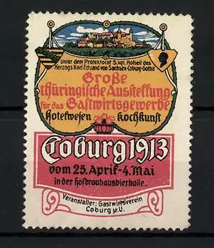 Reklamemarke Coburg, Grosse thüringische Ausstellung f. d. Gastwirtsgewerbe 1913, Stadtansicht & Wappen