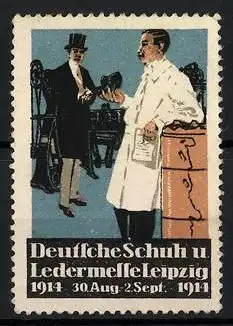 Reklamemarke Leipzig, Deutsche Schuh- und Ledermesse 1914, Schuhverkäufer mit Kunden