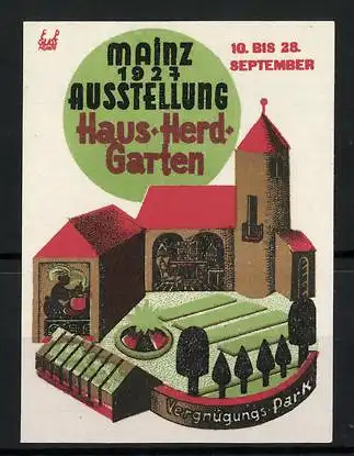 Reklamemarke Mainz, Ausstellung Haus, Herd & Garten 1927, Modell des Vergnügungsparks