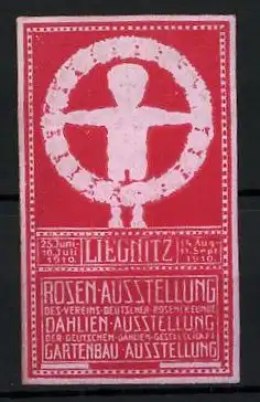 Präge-Reklamemarke Liegnitz, Gartenbau-Ausstellung mit Dahlien- und Rosen-Ausstellung 1910, nackter Bube mit Blumenkranz