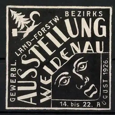 Präge-Reklamemarke Weidenau, Gewerbl. Land.-Forstw. Bezirks-Ausstellung 1926, Tanne mit Hammer & Sichel, Gesicht