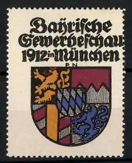 Künstler-Reklamemarke Paul Neu, München, Bayrische Gewerbeschau 1912, Wappen