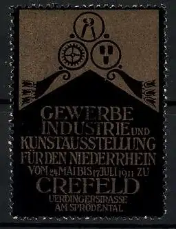 Reklamemarke Crefeld, Gewerbe-, Industrie- und Kunstausstellung 1911, Messelogo Zahnrad & Zange