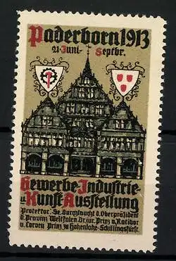 Reklamemarke Paderborn, Gewerbe-, Industrie- und Kunstausstellung 1913, Gebäude und Wappen
