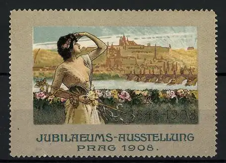 Reklamemarke Prag, Jubiläums-Ausstellung 1908, Dame mit Äskulap-Stab, Ortsansicht