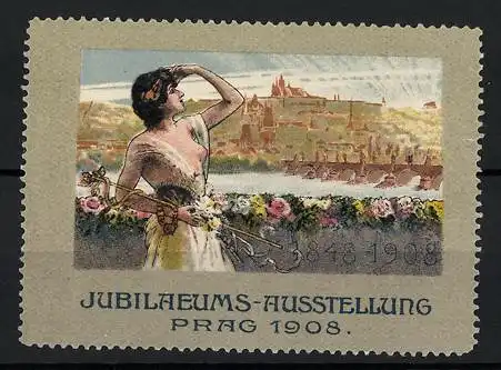 Reklamemarke Prag, Jubiläums-Ausstellung 1908, Dame mit Äskulap-Stab, Ortsansicht