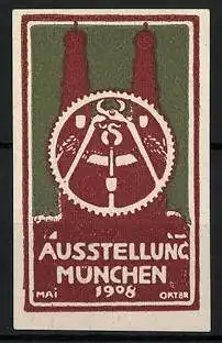 Reklamemarke München, Ausstellung 1908, Frauenkirche, Zahnrad mit Zange
