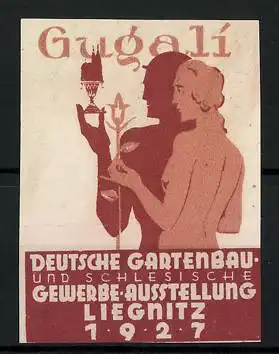 Reklamemarke Liegnitz, Deutsche Gartenbau. und schlesische Gewerbeausstellung Gugali 1927, nacktes Paar