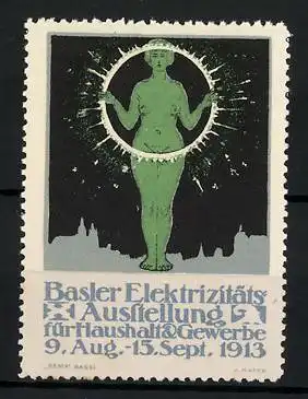 Reklamemarke Basel, Elektrizitäts-Ausstellung für Haushalt und Gewerbe 1913, Dame in Akt mit Ring