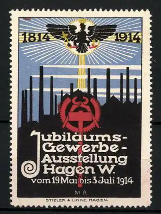 Reklamemarke Hagen i. W., Jubiläums-Gewerbe-Ausstellung 1914, Fabriksilhouette, Hammer & Zange