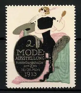 Reklamemarke Berlin, 2. Mode-Ausstellung 1913, elegante Frau mit Handspiegel
