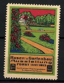 Reklamemarke Forst / Lausitz, Rosen- und Gartenbau-Ausstellung 1913, Garten- und Gebäudeansicht