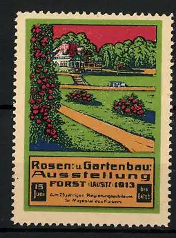 Reklamemarke Forst / Lausitz, Rosen- und Gartenbau-Ausstellung 1913, Garten- und Gebäudeansicht
