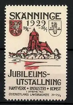 Reklamemarke Skänninge, Jubileums-Utställning Hantverk, Industri & Konst 1929, Wappen und Kirche