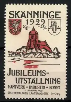 Reklamemarke Skänninge, Jubileums-Utställning Hantverk, Industri & Konst 1929, Wappen und Kirche