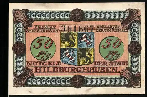 Notgeld Hildburghausen 1921, 50 Pfennig, Wappen und alte Frau