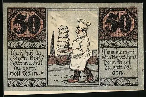 Notgeld Salzwedel 1921, 50 Pfennig, Konditor, Bauern und Wappen