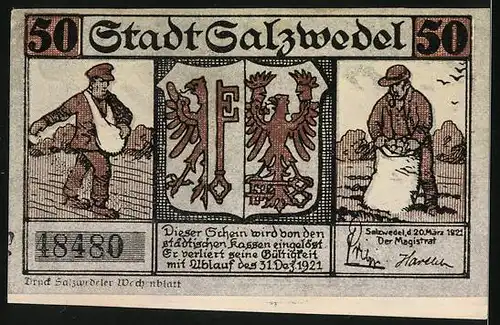 Notgeld Salzwedel 1921, 50 Pfennig, Konditor, Bauern und Wappen