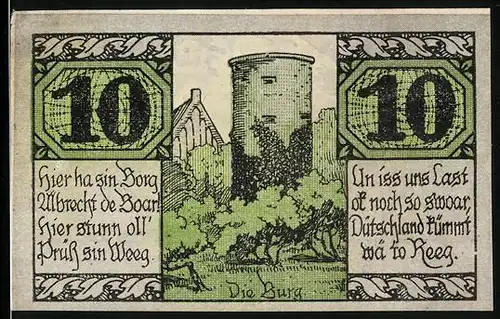 Notgeld Salzwedel 1921, 10 Pfennig, Bauern mit Wappen, Die Burg