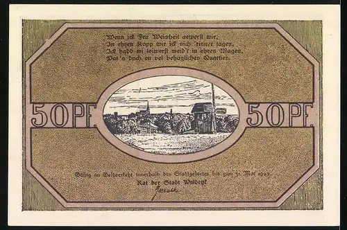 Notgeld Woldegk 1922, 50 Pfennig, Reutergeld der Stadt mit Kirche