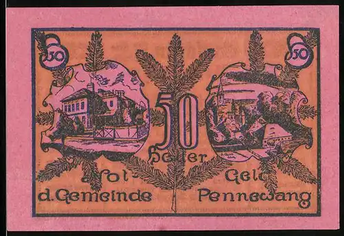 Notgeld Pennewang 1920, 50 Heller, Kirche und Ortsansicht