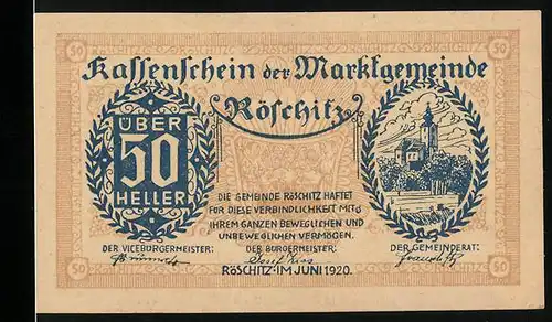 Notgeld Röschitz 1920, 50 Heller, Kirche und Gedicht