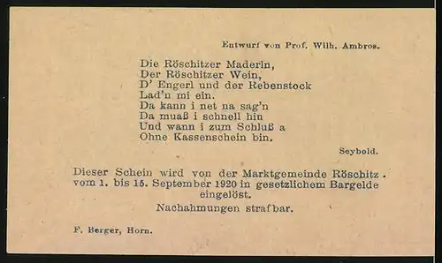 Notgeld Röschitz 1920, 50 Heller, Kirche und Gedicht