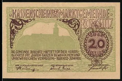 Notgeld Röschitz 1920, 20 Heller, Gedicht auf der Rückseite