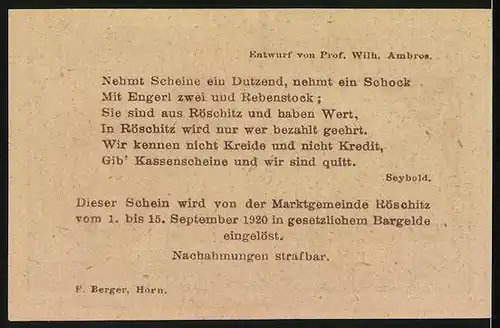 Notgeld Röschitz 1920, 20 Heller, Gedicht auf der Rückseite