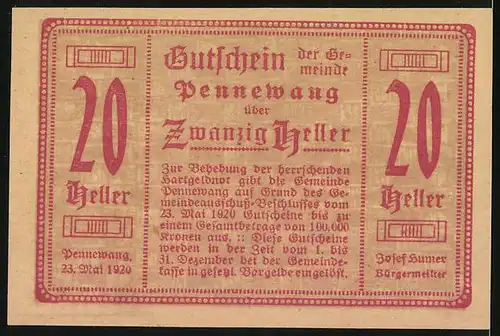 Notgeld Pennewang 1920, 20 Heller, Tannenzweige, Kirche und Ortsansicht