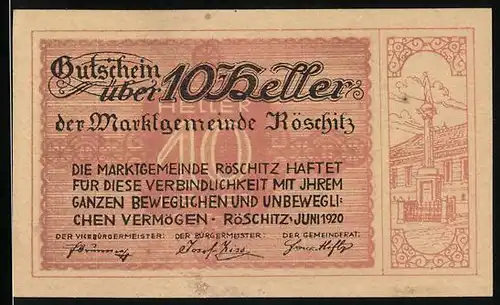 Notgeld Röschitz 1920, 10 Heller, Ortsansicht und Gedicht